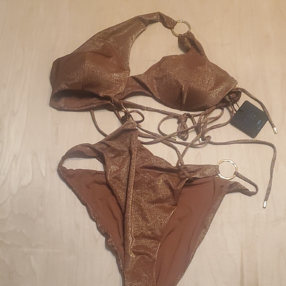 Honey Birdette Gold and Brown One Piece Swimsuit with Halter Neck
